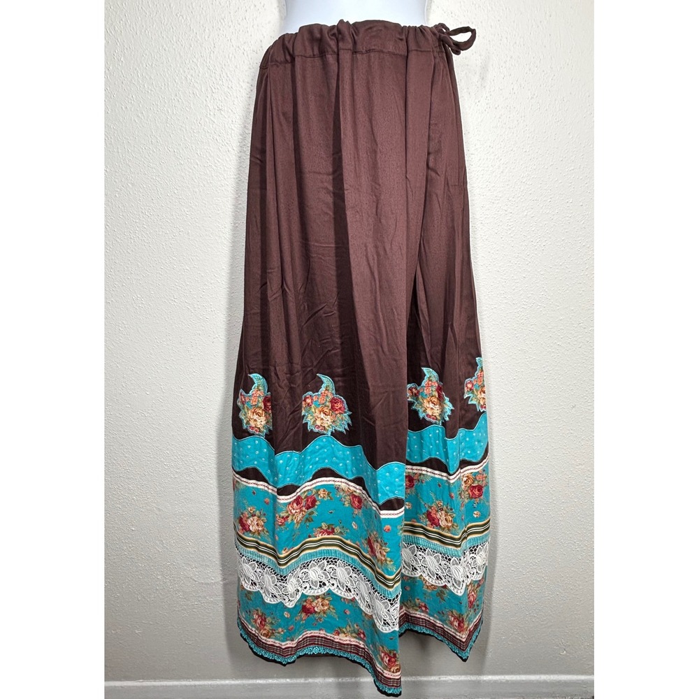 Boho Floral Maxi Skirt Brown Turquoise Lace Tiered Gyspy Festival Adjustable GUC